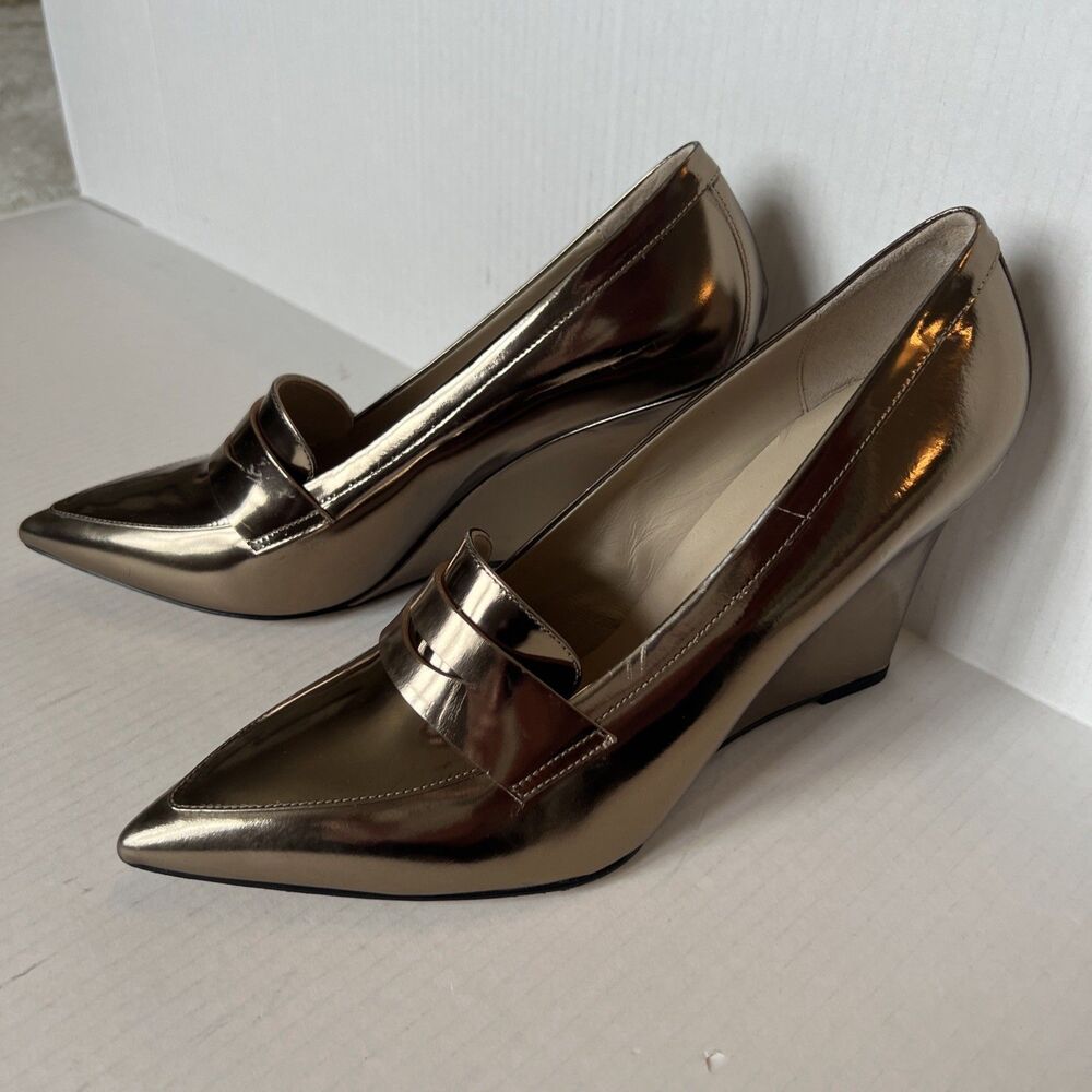 Theory Leather Wedge Sandals Pointed Cap Toe Metal Bronze 41 /9.5-10 Italy NWOB